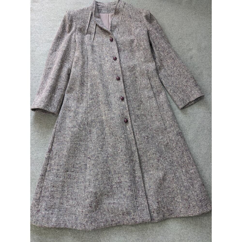 Vintage 60s Tweed Princess Coat Purple Wool Blend Shoulder Pads Made In USA